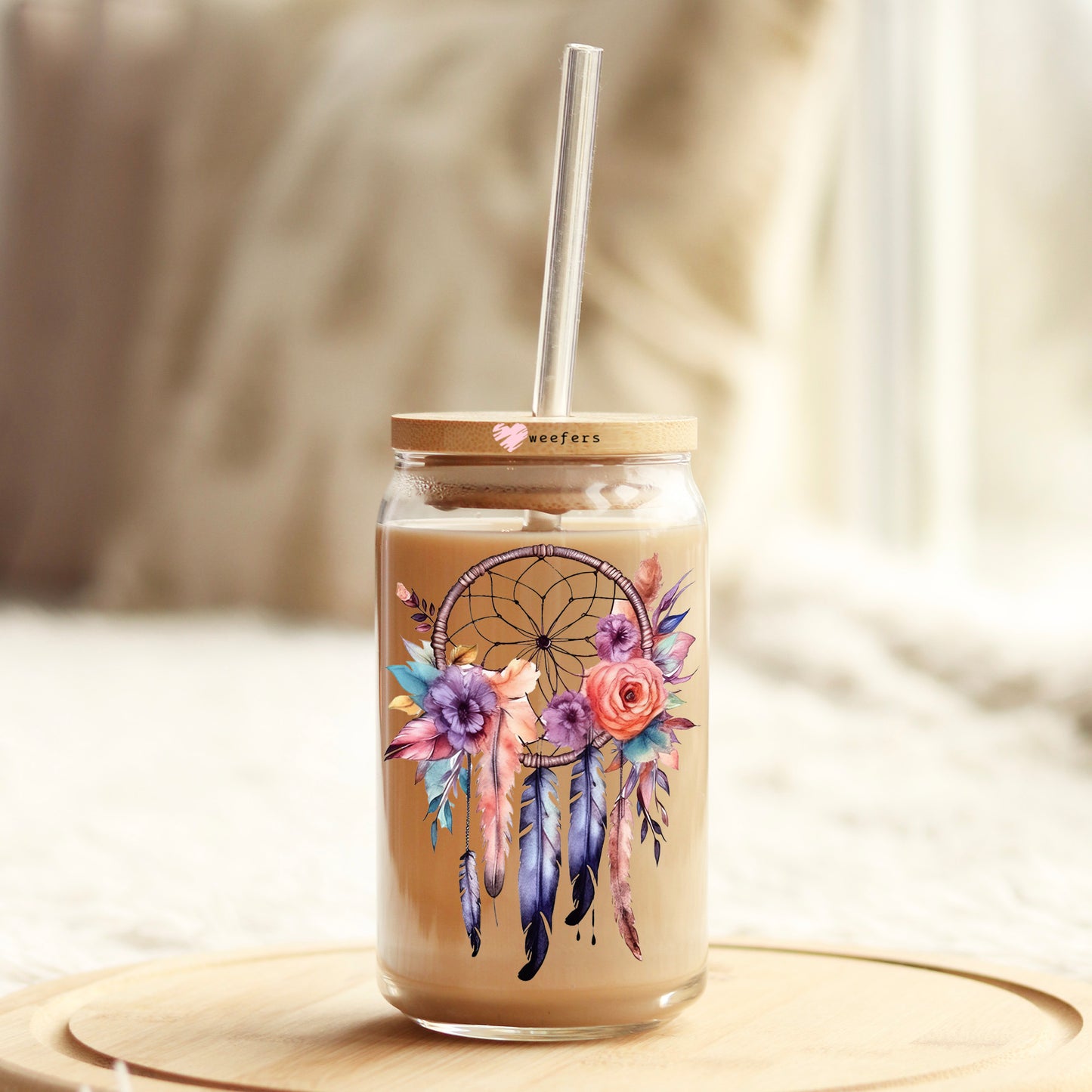 Dreamcatcher Purple 16oz Libbey Glass Can UV DTF or Sublimation Cup Wrap - Decal Transfer Weefers