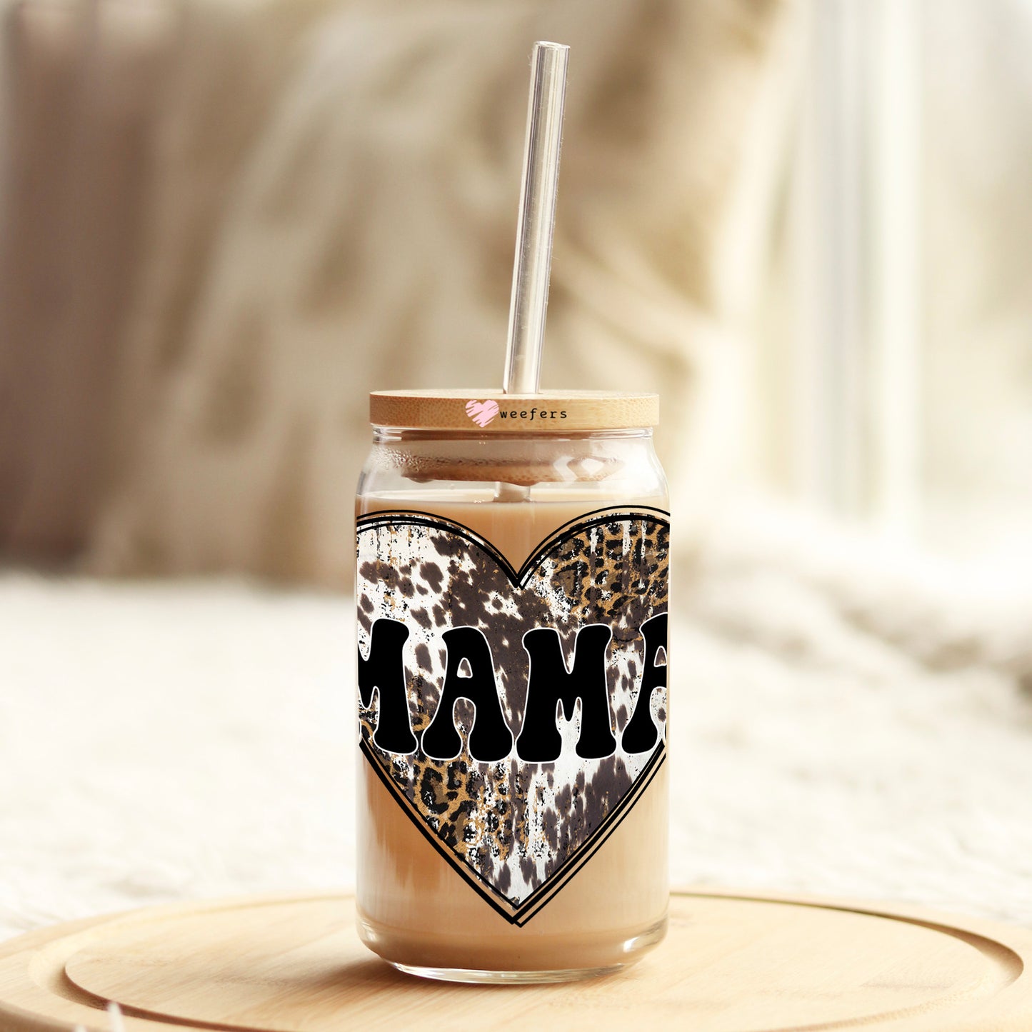 Mama Cow Hide 16oz Libbey Glass Can UV DTF or Sublimation Cup Wrap - Decal Transfer Weefers