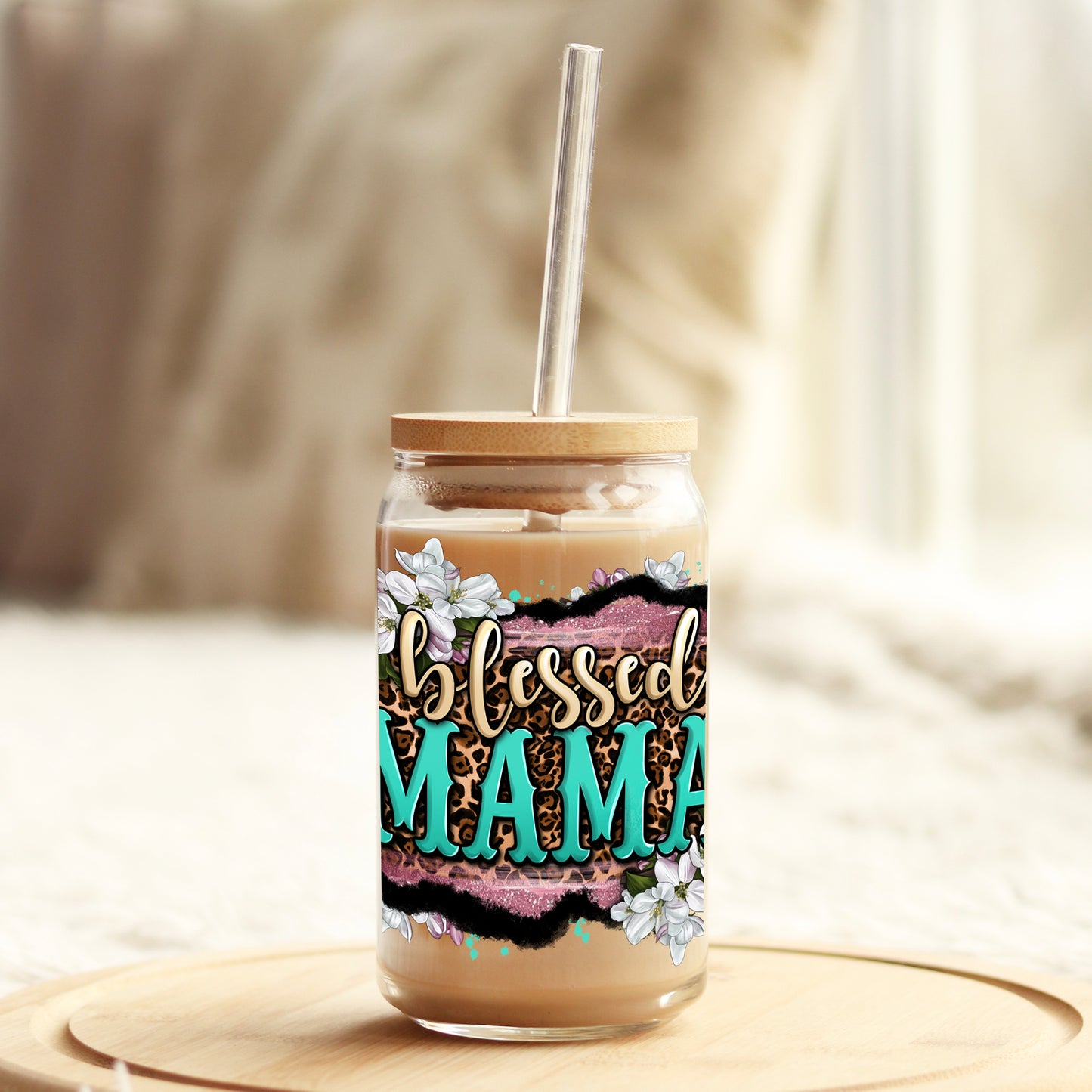Blessed Mama 16oz Libbey Glass Can UV DTF or Sublimation Cup Wrap - Decal Transfer Weefers