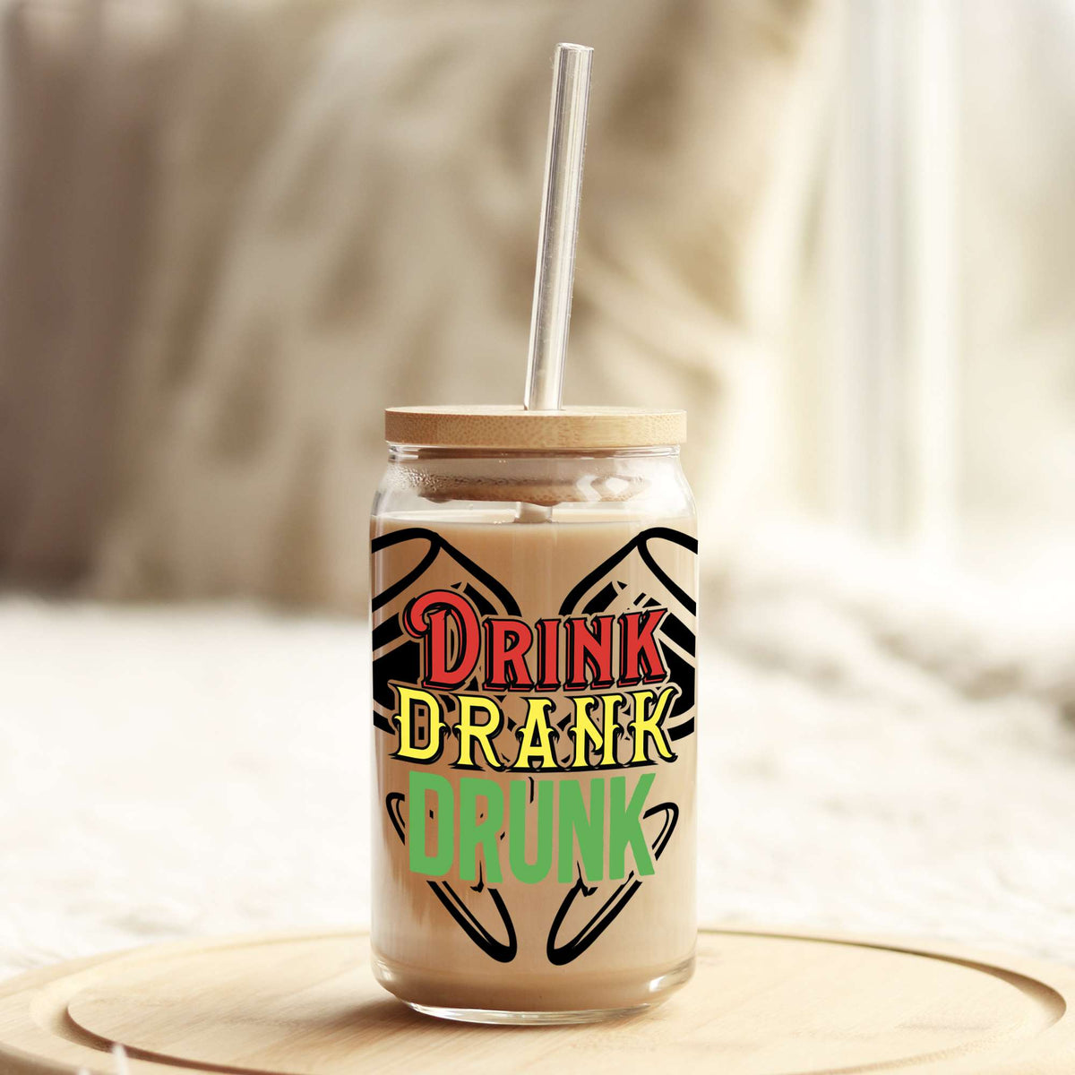 Drink Drank Drunk 16oz Libbey Glass Can UV DTF or Sublimation Wrap - Decal Weefers