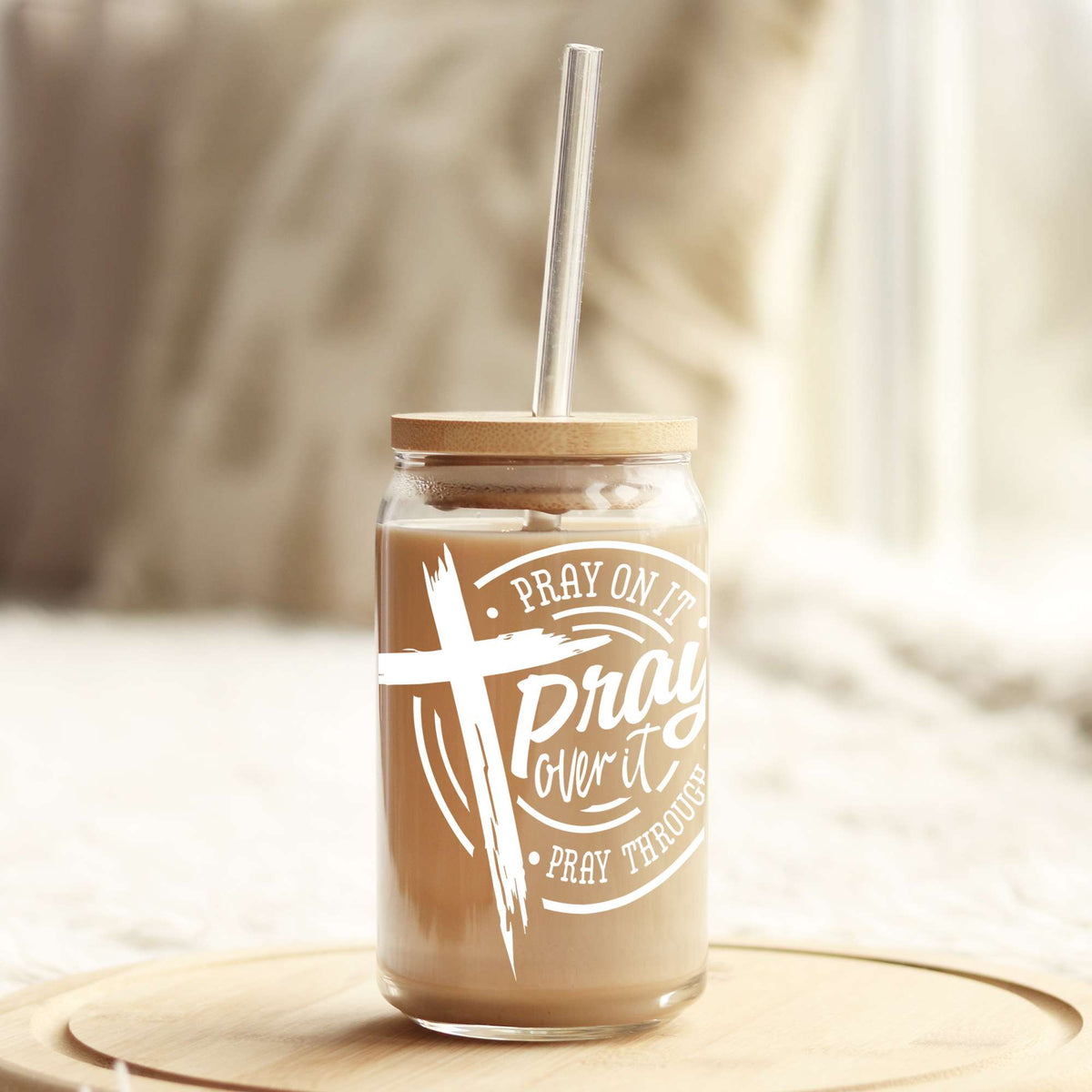 White Pray Over it 16oz Libbey Glass Can UV DTF or Sublimation Wrap - Decal Weefers