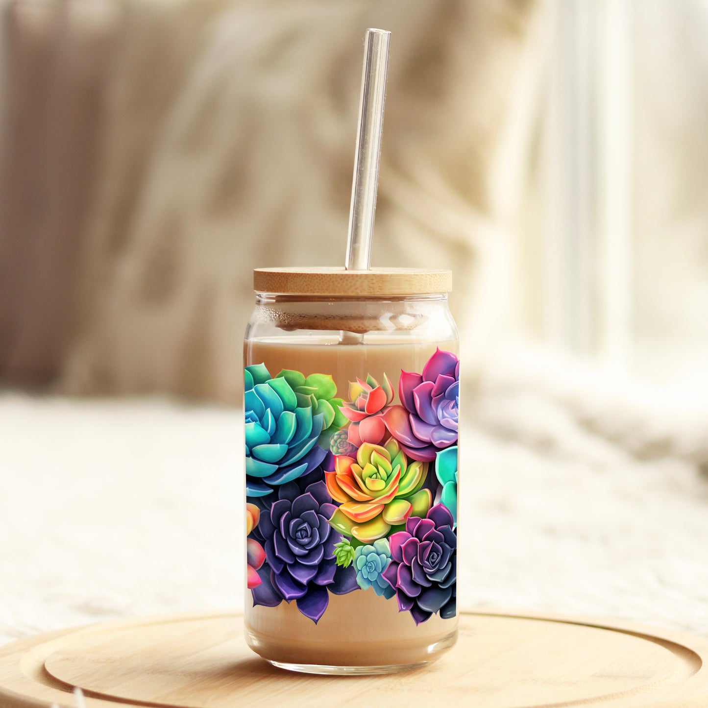 Colorful 3D Succulent 16oz Libbey Glass Can UV DTF or Sublimation Wrap - Decal Weefers