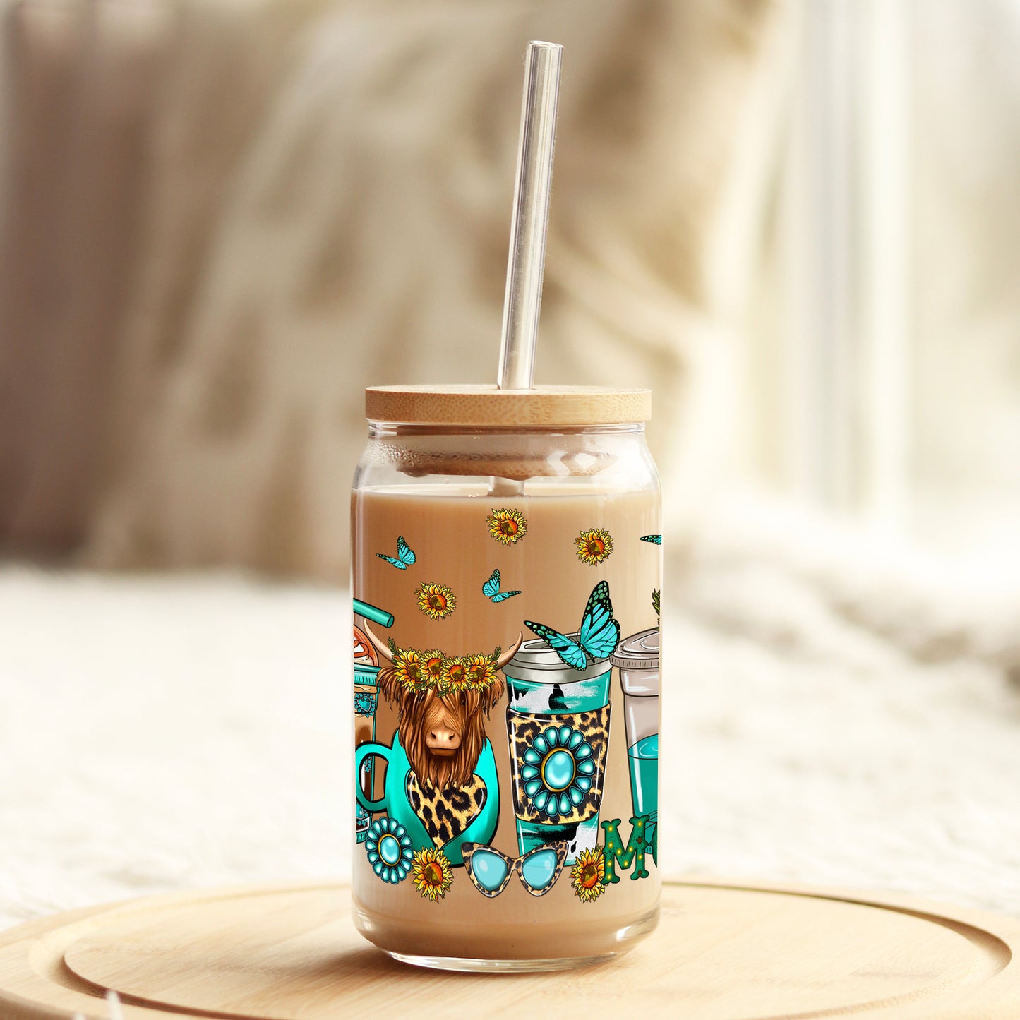 Highland Cow Western Latte 16oz Libbey Glass Can UV DTF or Sublimation Wrap - Decal Weefers