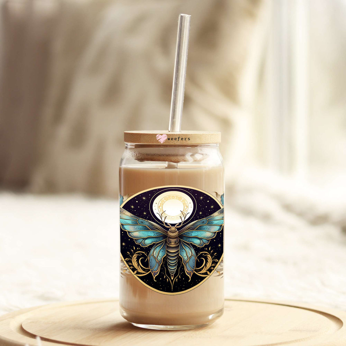 Teal Moth 16oz Libbey Glass Can UV DTF or Sublimation Cup Wrap - Decal Transfer Weefers