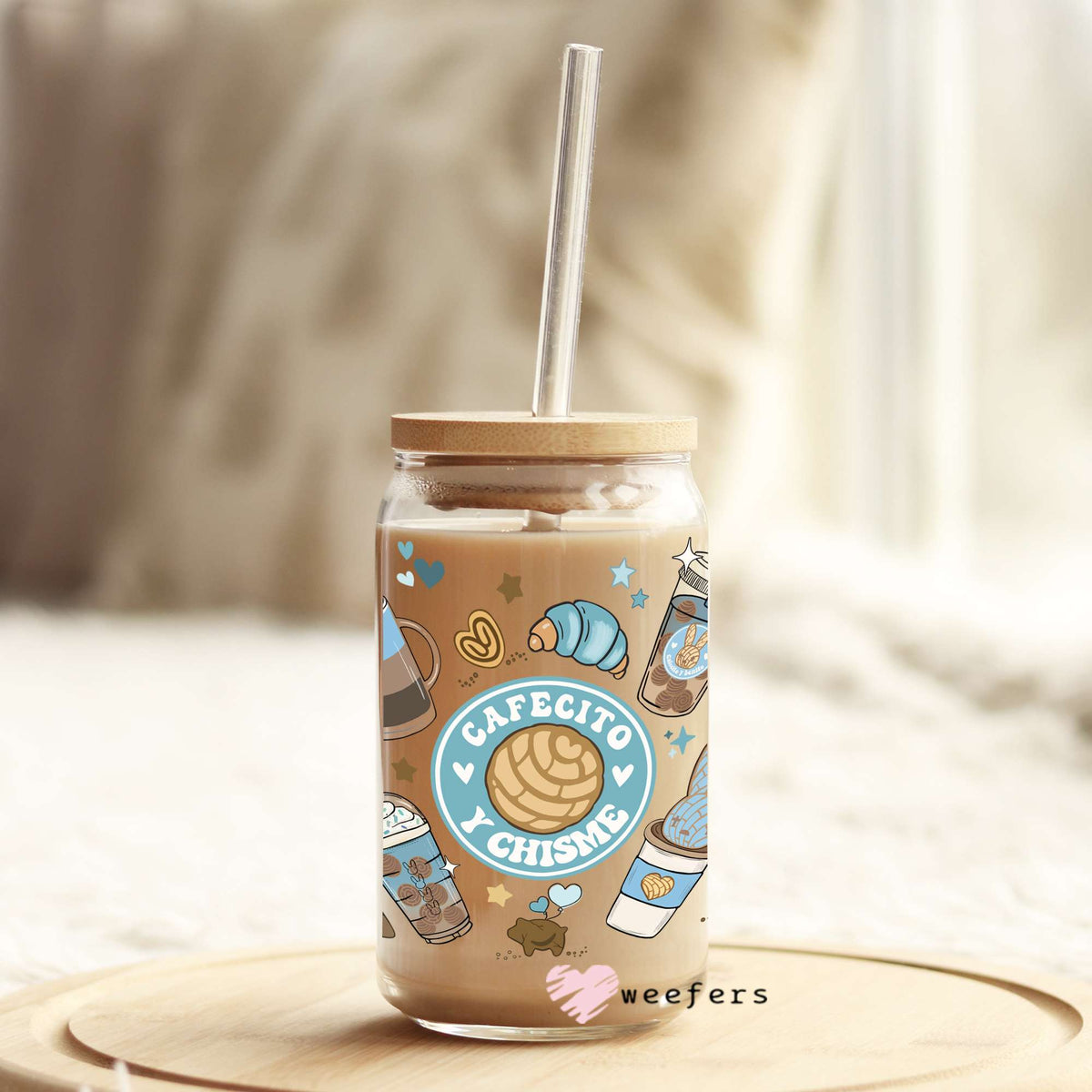 Cafecito y Chisme Blue Spanish 16oz Libbey Glass Can UV DTF or Sublimation Wrap - Decal Weefers