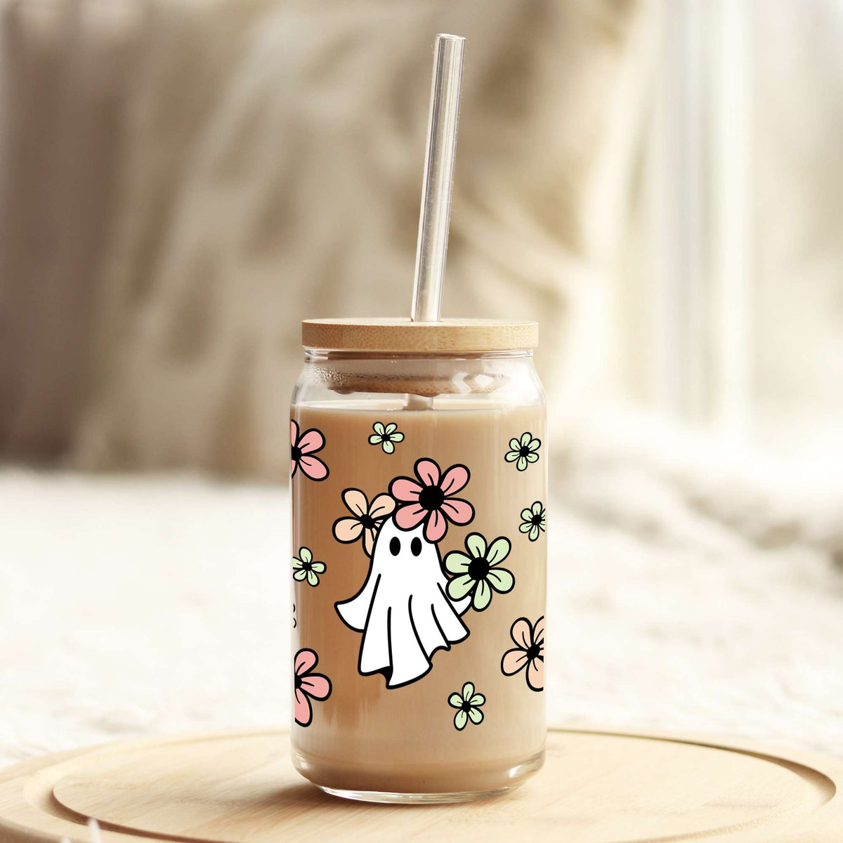 Green and Pink Flower Ghost Halloween 16oz Libbey Glass Can UV DTF or Sublimation Wrap - Decal Weefers