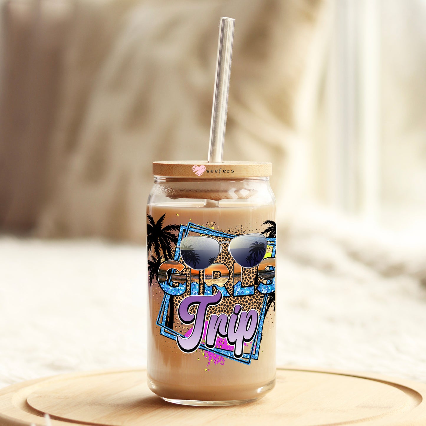 Girls Trip Palm Trees 16oz Libbey Glass Can UV DTF or Sublimation Cup Wrap - Decal Weefers
