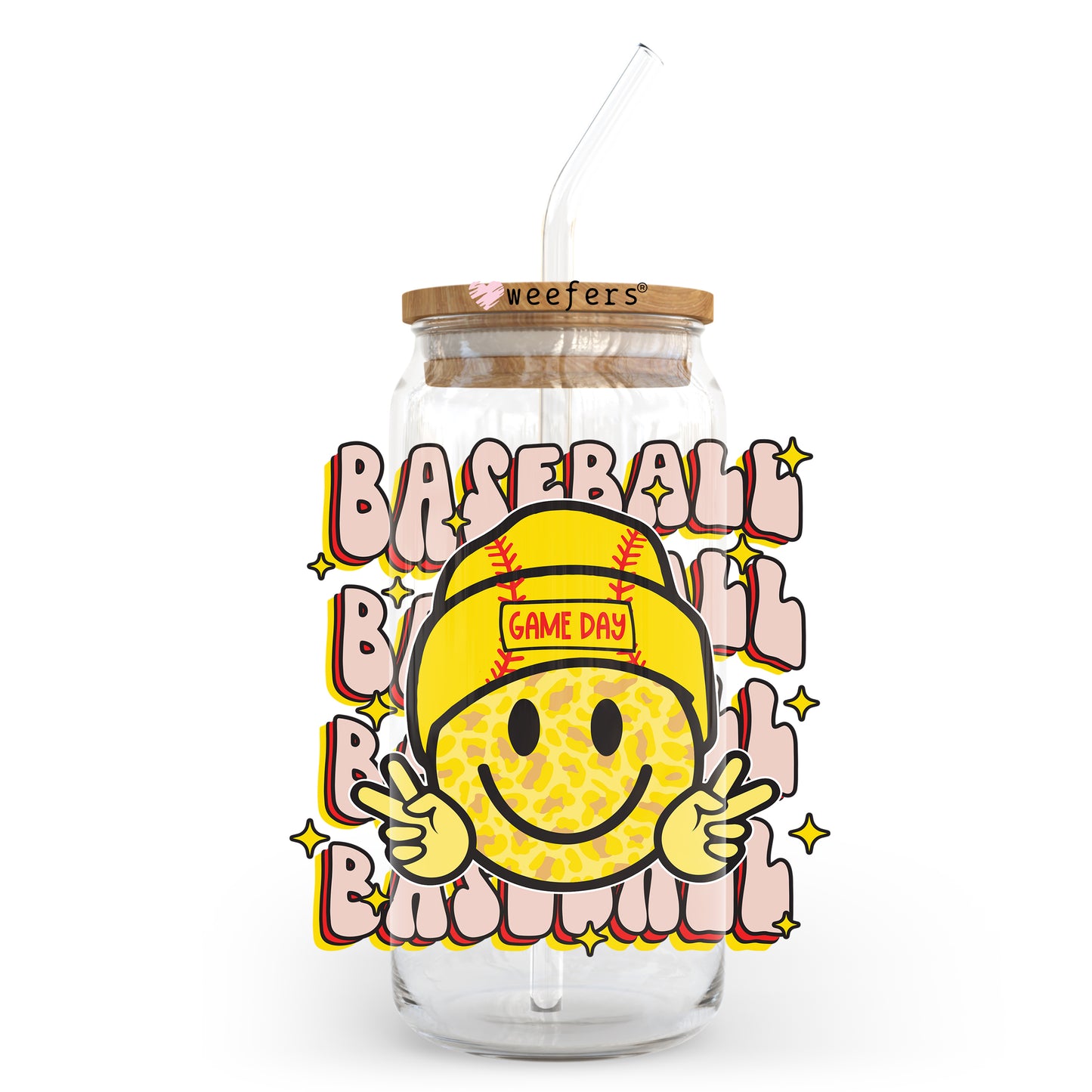 Baseball Gameday Smile Face 20oz Libbey Glass Can UV DTF or Sublimation Wrap - Decal Transfer Weefers