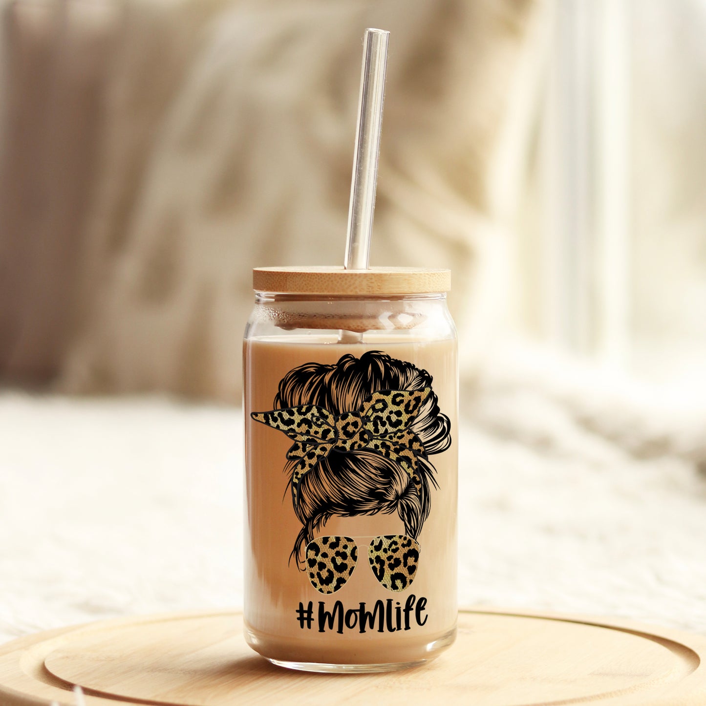 Messy Bun Mom Life Leopard 16oz Libbey Glass Can UV DTF or Sublimation Wrap - Decal Weefers