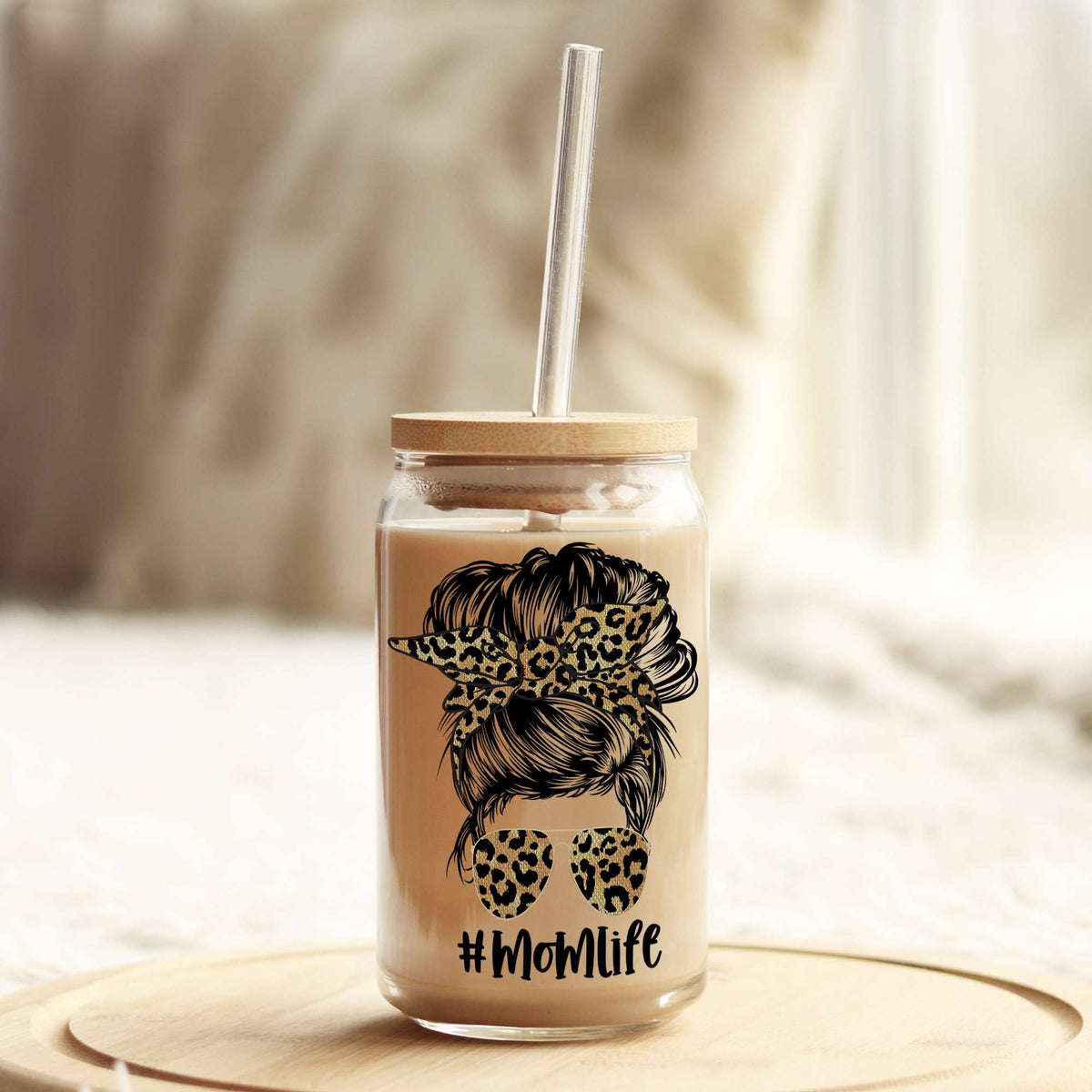 Messy Bun Mom Life Leopard 16oz Libbey Glass Can UV DTF or Sublimation Wrap - Decal Weefers