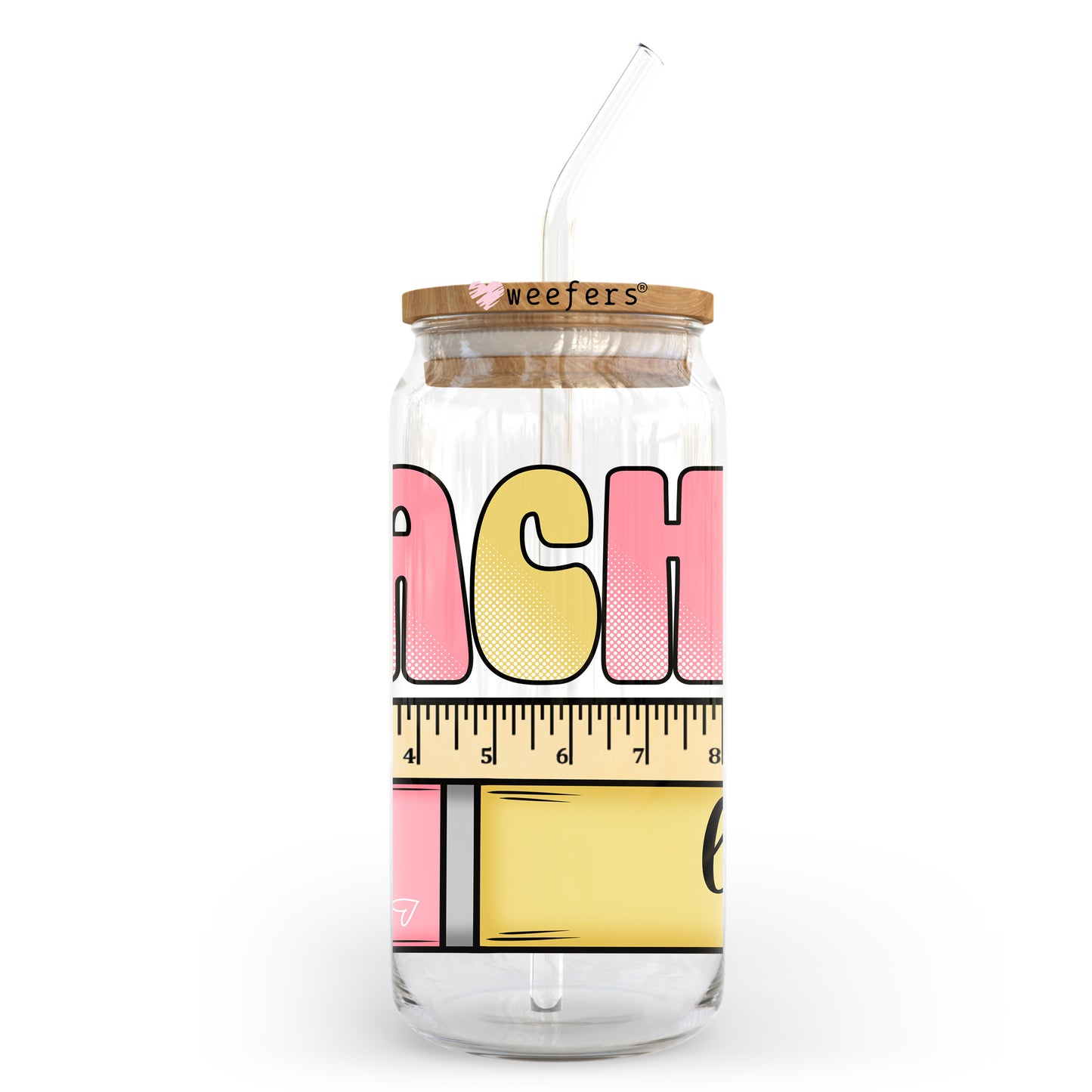 Teacher Life Pencil and Ruler Cow 20oz Libbey Glass Can UV DTF or Sublimation Wrap - Decal Transfer Weefers