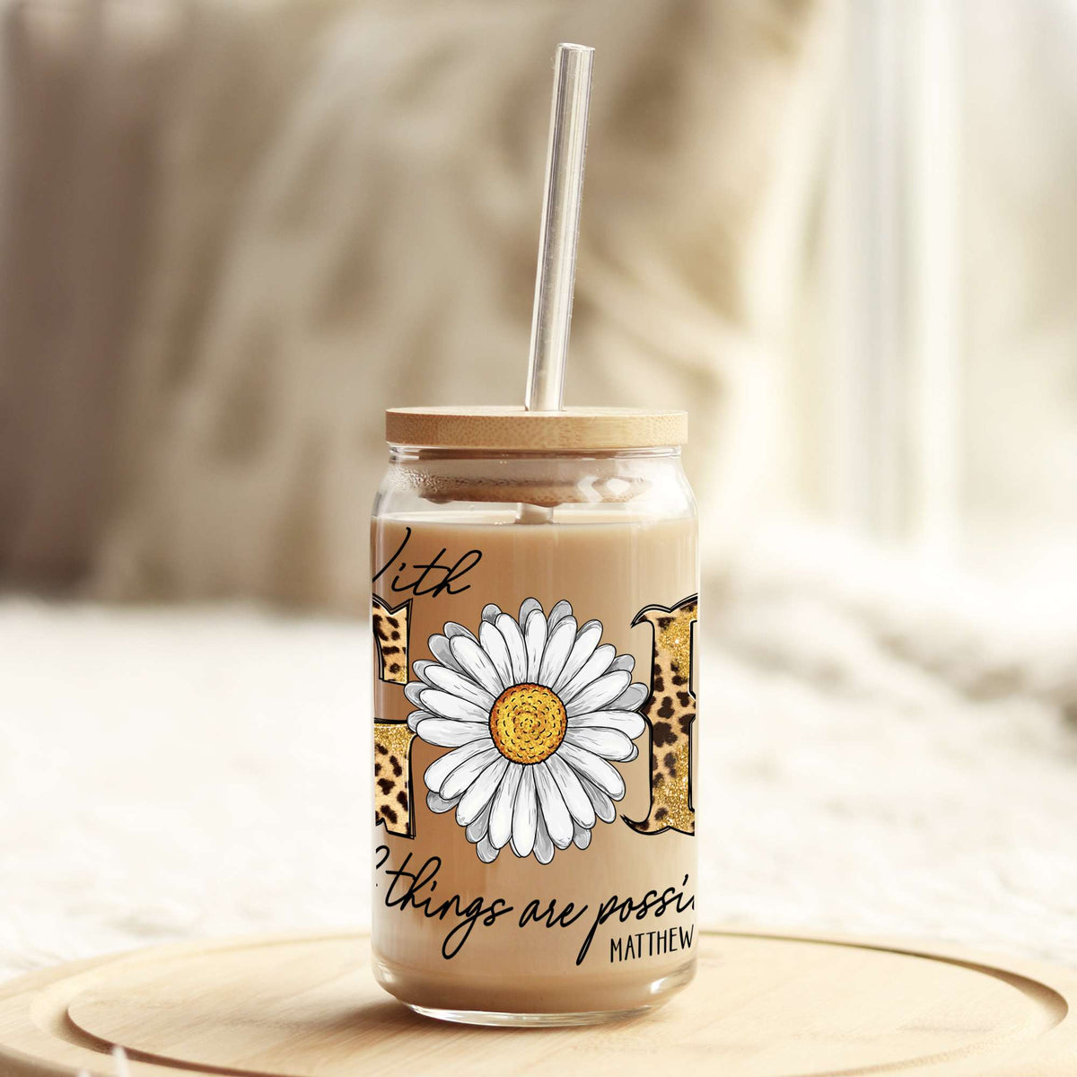 With God All things Are Possible White Daisy 16oz Libbey Glass Can UV DTF or Sublimation Wrap - Decal Weefers