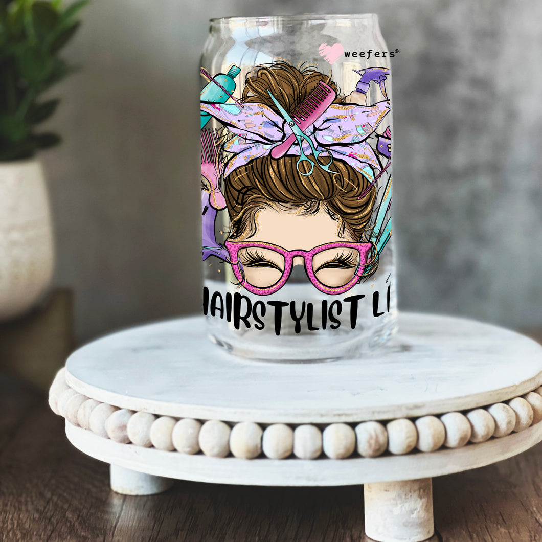 Hair Stylist Life Messy Bun 16oz Libbey Glass Can UV-DTF or Sublimation Wrap - Decal