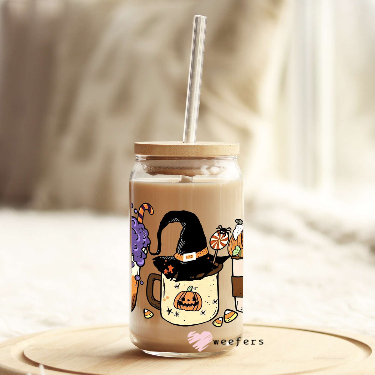 Halloween Coffee Latte 16oz Libbey Glass Can UV DTF or Sublimation Wrap - Decal Weefers