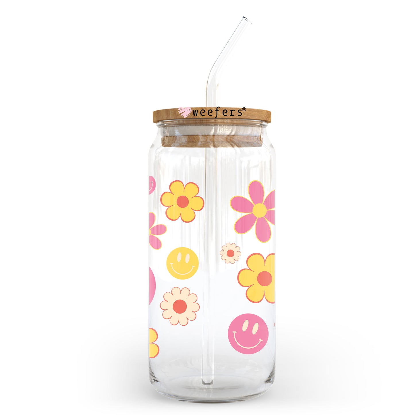 Pink and Yellow Retro Smiles and flowers 20oz Libbey Glass Can UV DTF or Sublimation Wrap - Decal Transfer Weefers