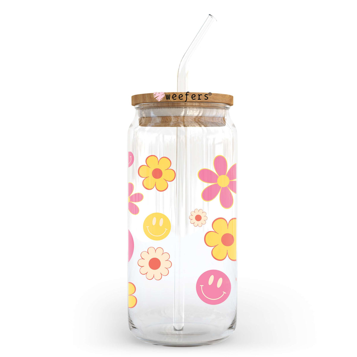 Pink and Yellow Retro Smiles and flowers 20oz Libbey Glass Can UV DTF or Sublimation Wrap - Decal Transfer Weefers