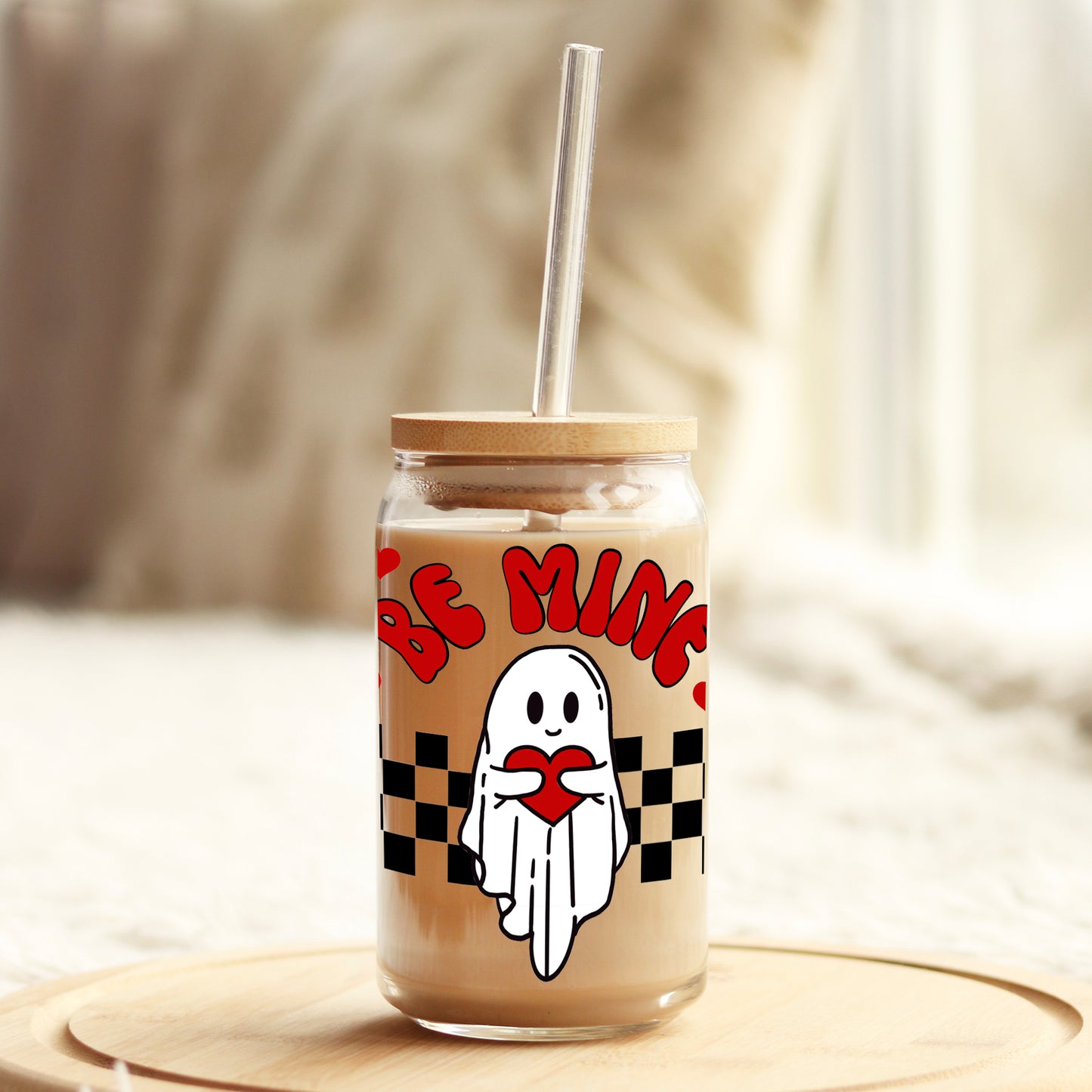 Be Mine Ghost Valentine's Day 16oz Libbey Glass Can UV DTF or Sublimation Cup Wrap - Decal Transfer Weefers