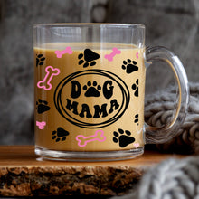 Load image into Gallery viewer, a glass mug with a dog mama design on it
