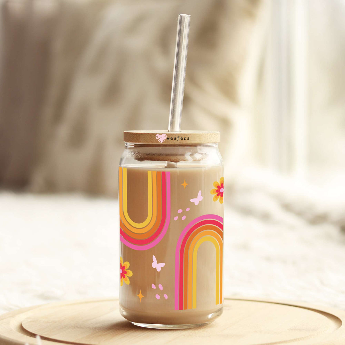 Retro Pink and Orange Rainbows 16oz Libbey Glass Can UV DTF or Sublimation Cup Wrap - Decal Transfer Weefers