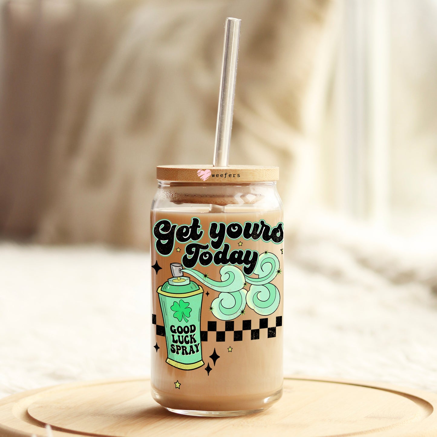 Lucky Spray St. Patrick's Day 16oz Libbey Glass Can UV DTF or Sublimation Cup Wrap - Decal Transfer Weefers