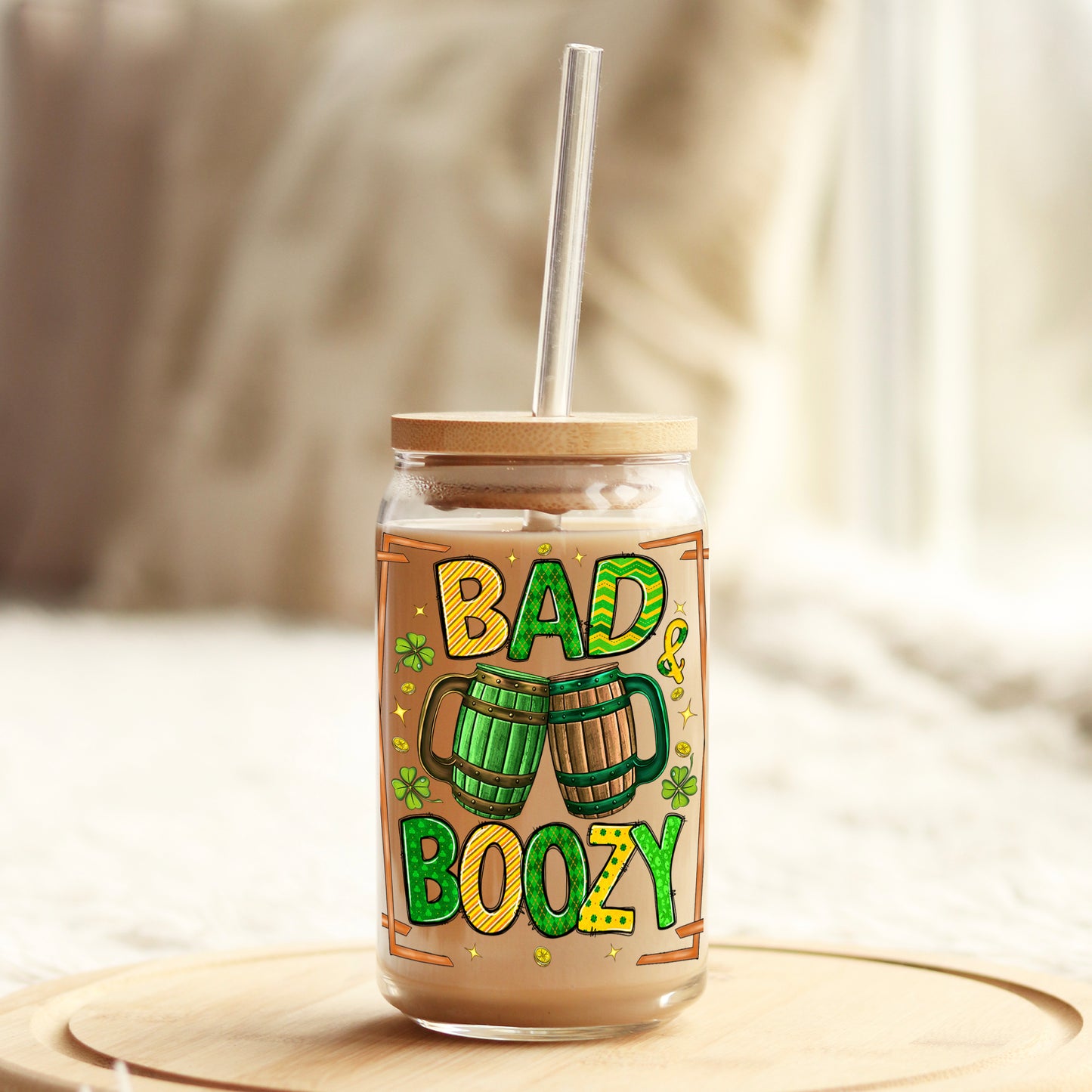 Bad and Boozy St Patrick's Day 16oz Libbey Glass Can UV DTF or Sublimation Cup Wrap - Decal Transfer Weefers