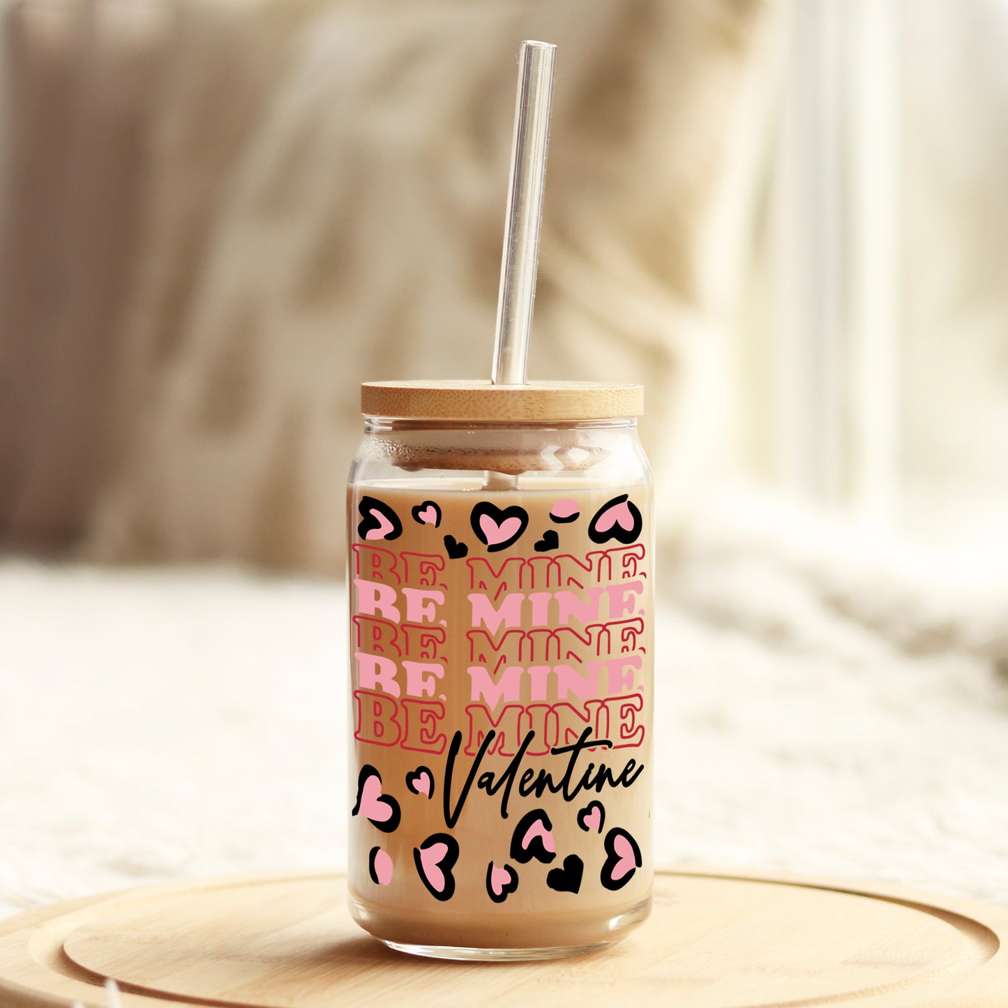 Be Mine Valentine Leopard Hearts 16oz Libbey Glass Can UV DTF or Sublimation Cup Wrap - Decal Transfer Weefers