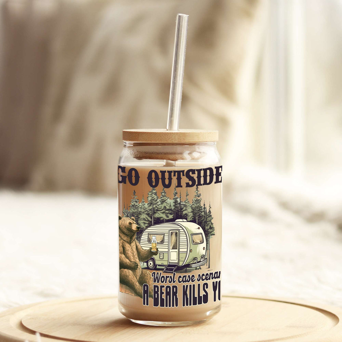 Funny Camping Go Outside 16oz Libbey Glass Can UV DTF or Sublimation Wrap - Decal Weefers