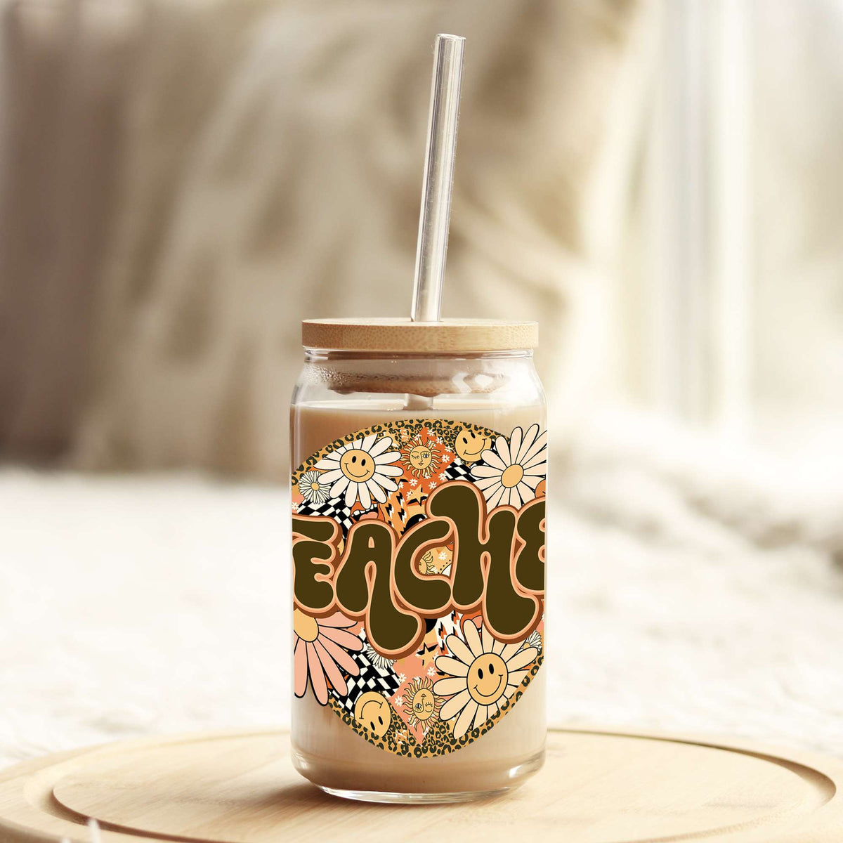 Retro Floral Teacher 16oz Libbey Glass Can UV DTF or Sublimation Wrap - Decal Weefers