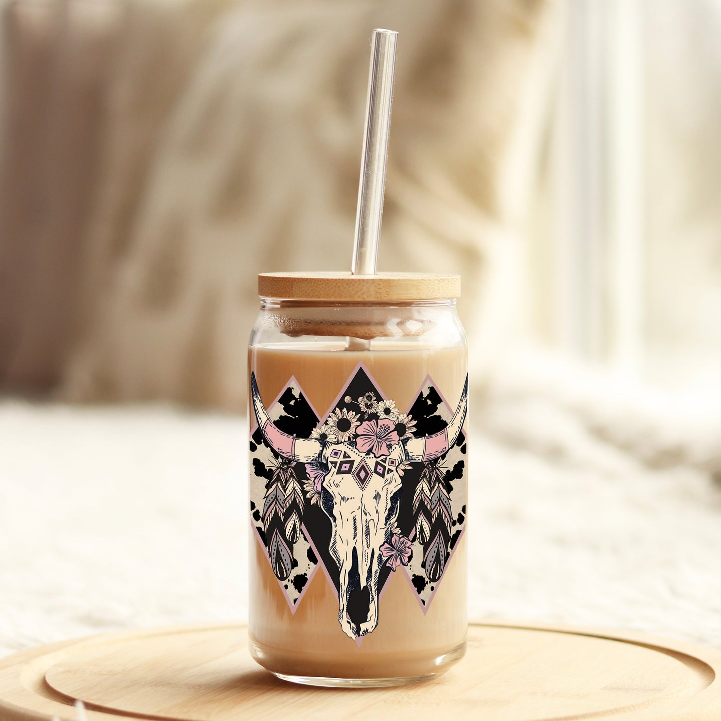 Cow Skull Pink 16oz Libbey Glass Can UV DTF or Sublimation Cup Wrap - Decal Transfer Weefers