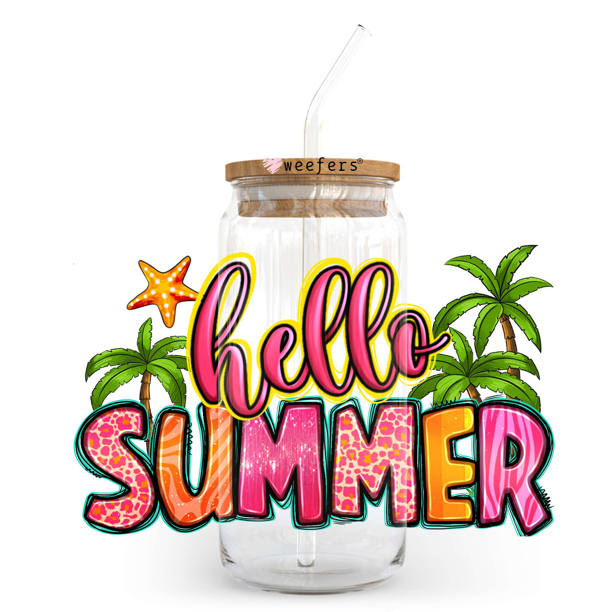 Hello Summer 20oz Libbey Glass Can UV DTF or Sublimation Wrap - Decal Transfer Weefers