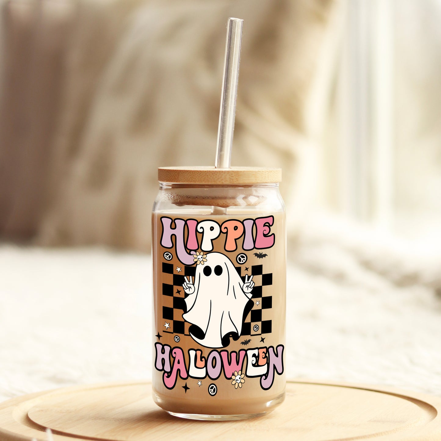 Hippie Halloween 16oz Libbey Glass Can UV DTF or Sublimation Wrap - Decal Weefers