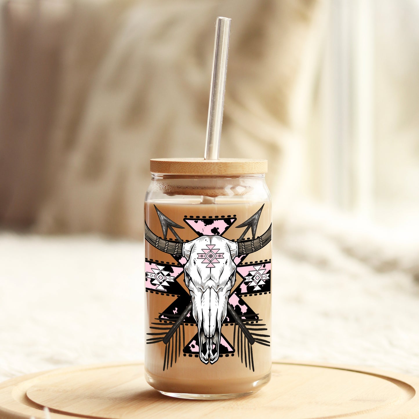 Cow Skull Black and Pink 16oz Libbey Glass Can UV DTF or Sublimation Cup Wrap - Decal Transfer Weefers