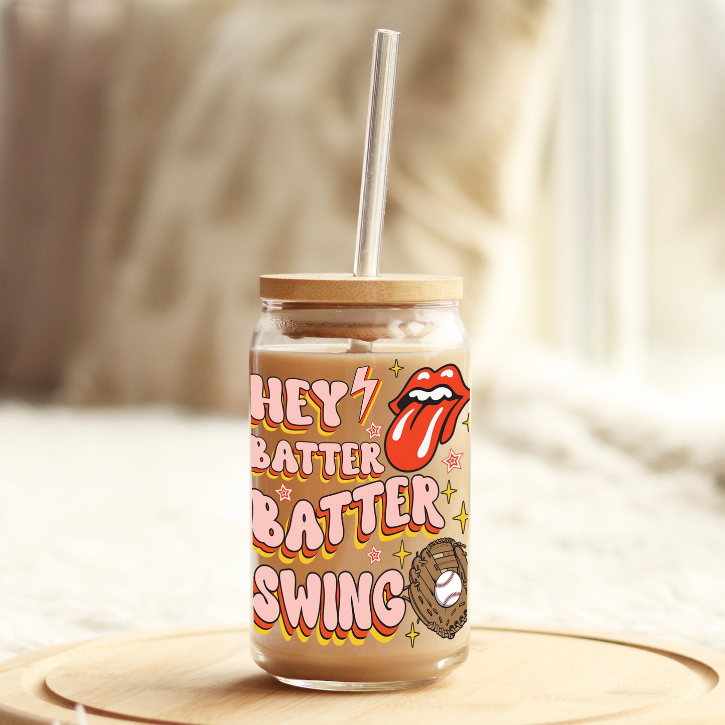 Hey Batter Batter Swing 16oz Libbey Glass Can UV DTF or Sublimation Cup Wrap - Decal Transfer Weefers