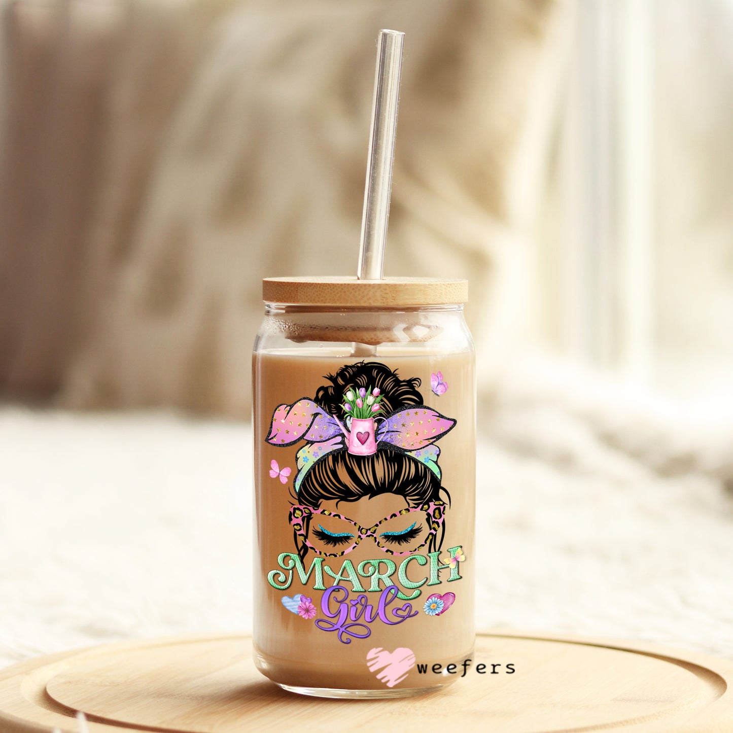 Messy Bun March Girl Birthday Month 16oz Libbey Glass Can UV DTF or Sublimation Wrap - Decal Weefers