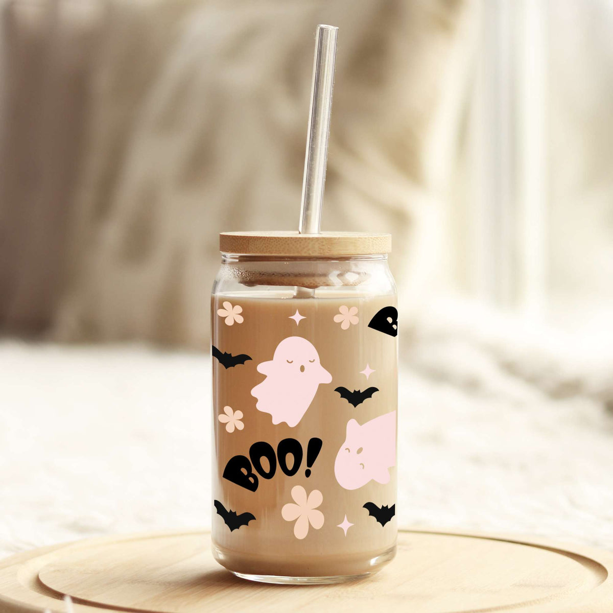 Boo Pink Ghost Halloween 16oz Libbey Glass Can UV DTF or Sublimation Wrap - Decal Weefers