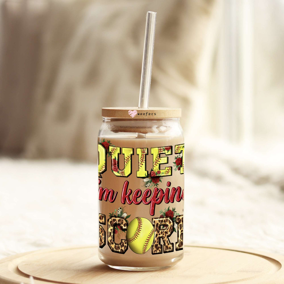 Quiet I'm Keeping Score Softball 16oz Libbey Glass Can UV DTF or Sublimation Cup Wrap - Decal Transfer Weefers