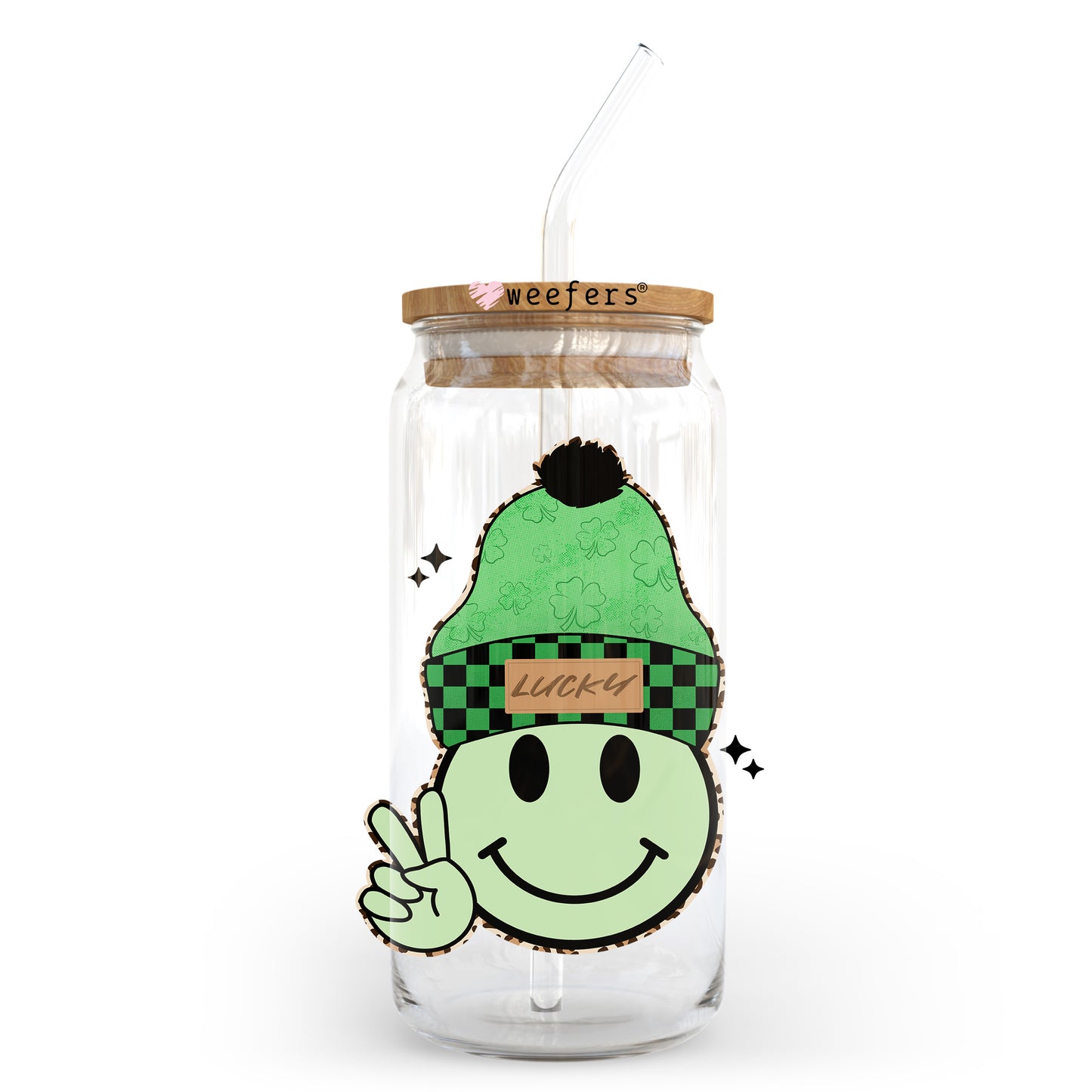 Lucky Smile Face St. Patrick's Day 20oz Libbey Glass Can UV DTF or Sublimation Wrap - Decal Transfer Weefers
