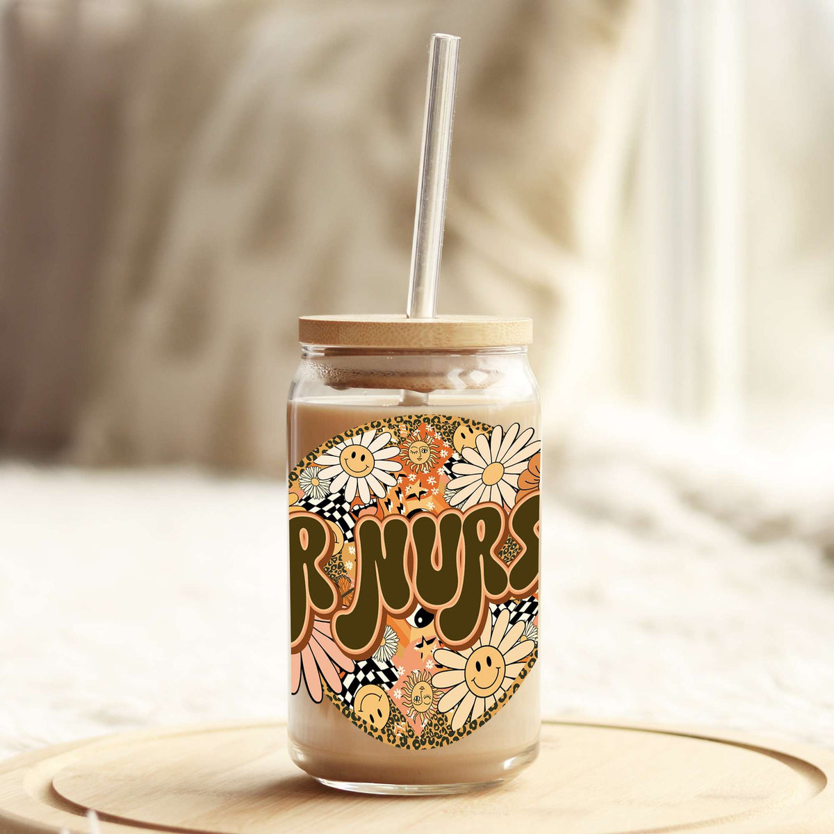 Retro Floral ER Nurse 16oz Libbey Glass Can UV DTF or Sublimation Wrap - Decal Weefers