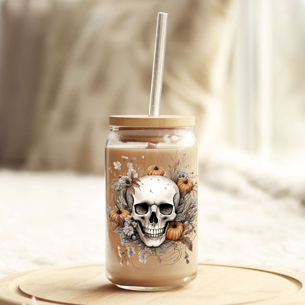Pumpkins and Skull Fall 16oz Libbey Glass Can UV DTF or Sublimation Wrap - Decal Weefers