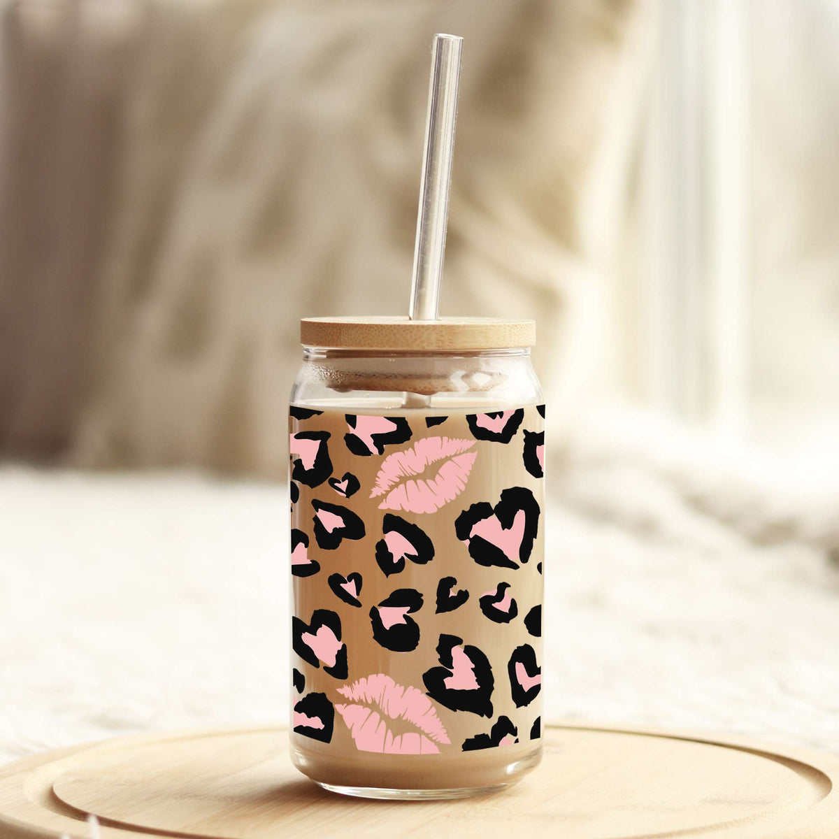 Pink and Black Leopard Lips 16oz Libbey Glass Can UV DTF or Sublimation Wrap - Decal Weefers