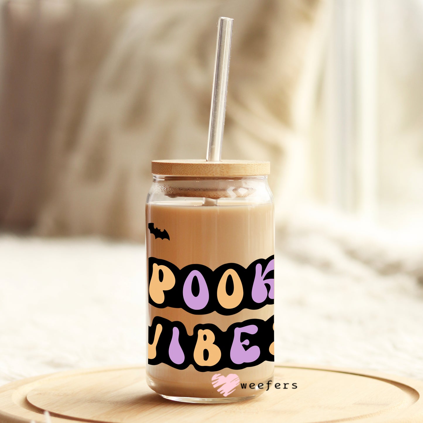 Spooky Vibes Purple and Orange 16oz Libbey Glass Can UV DTF or Sublimation Wrap - Decal Weefers