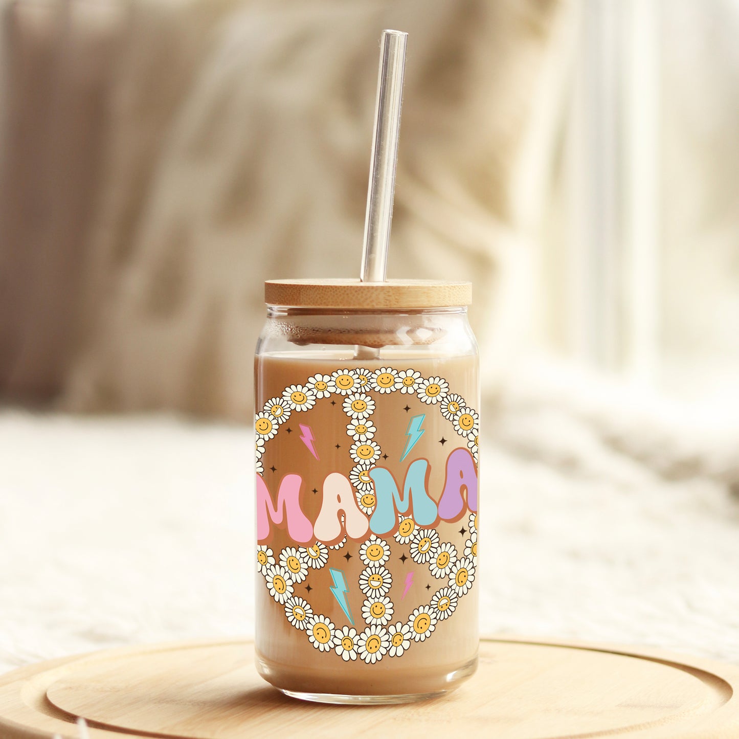 Mama Peace Sign 16oz Libbey Glass Can UV DTF or Sublimation Cup Wrap - Decal Transfer Weefers