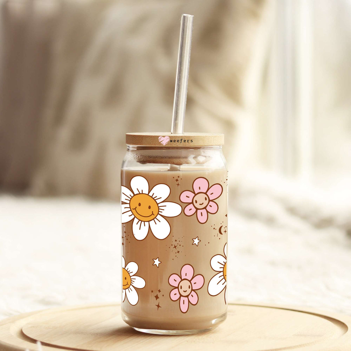 Retro Floral Smiles 16oz Libbey Glass Can UV DTF or Sublimation Cup Wrap - Decal Transfer Weefers