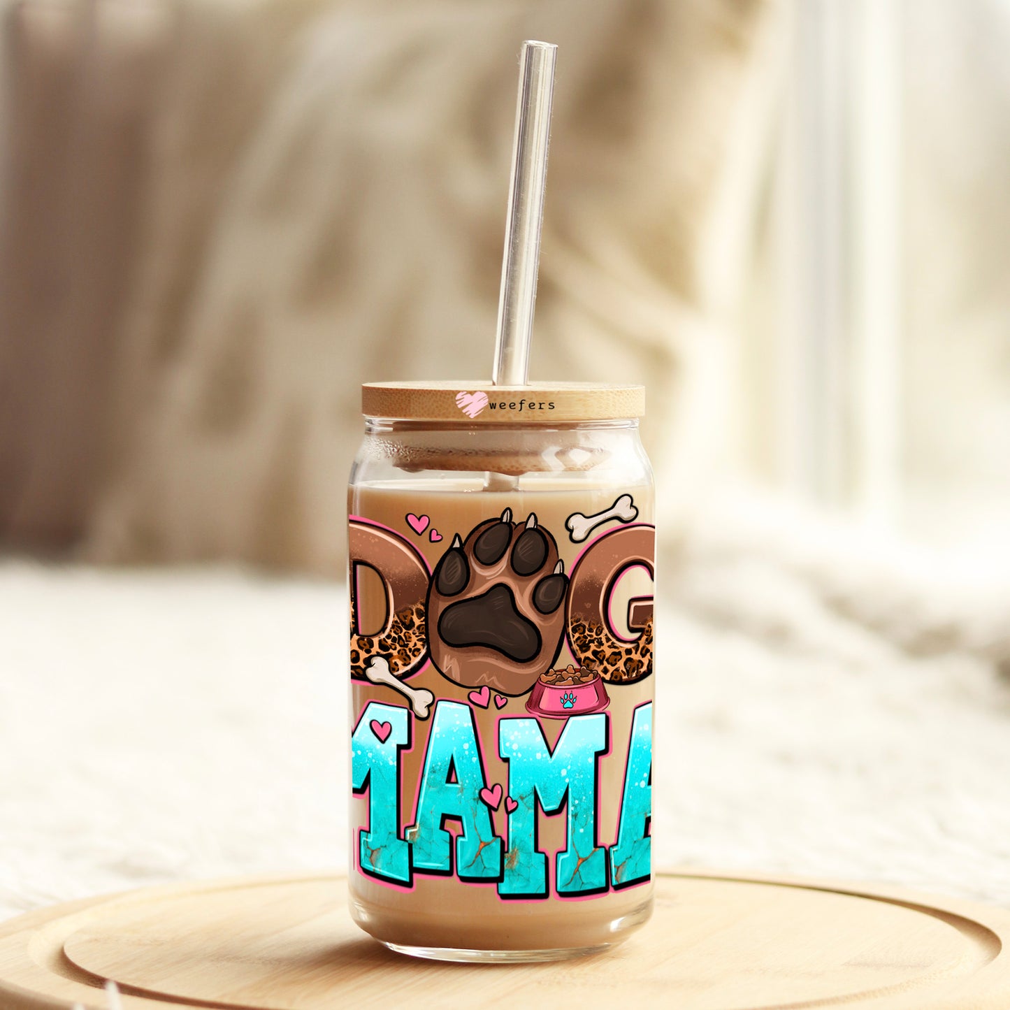 Dog Mama Teal 16oz Libbey Glass Can UV DTF or Sublimation Cup Wrap - Decal Transfer Weefers