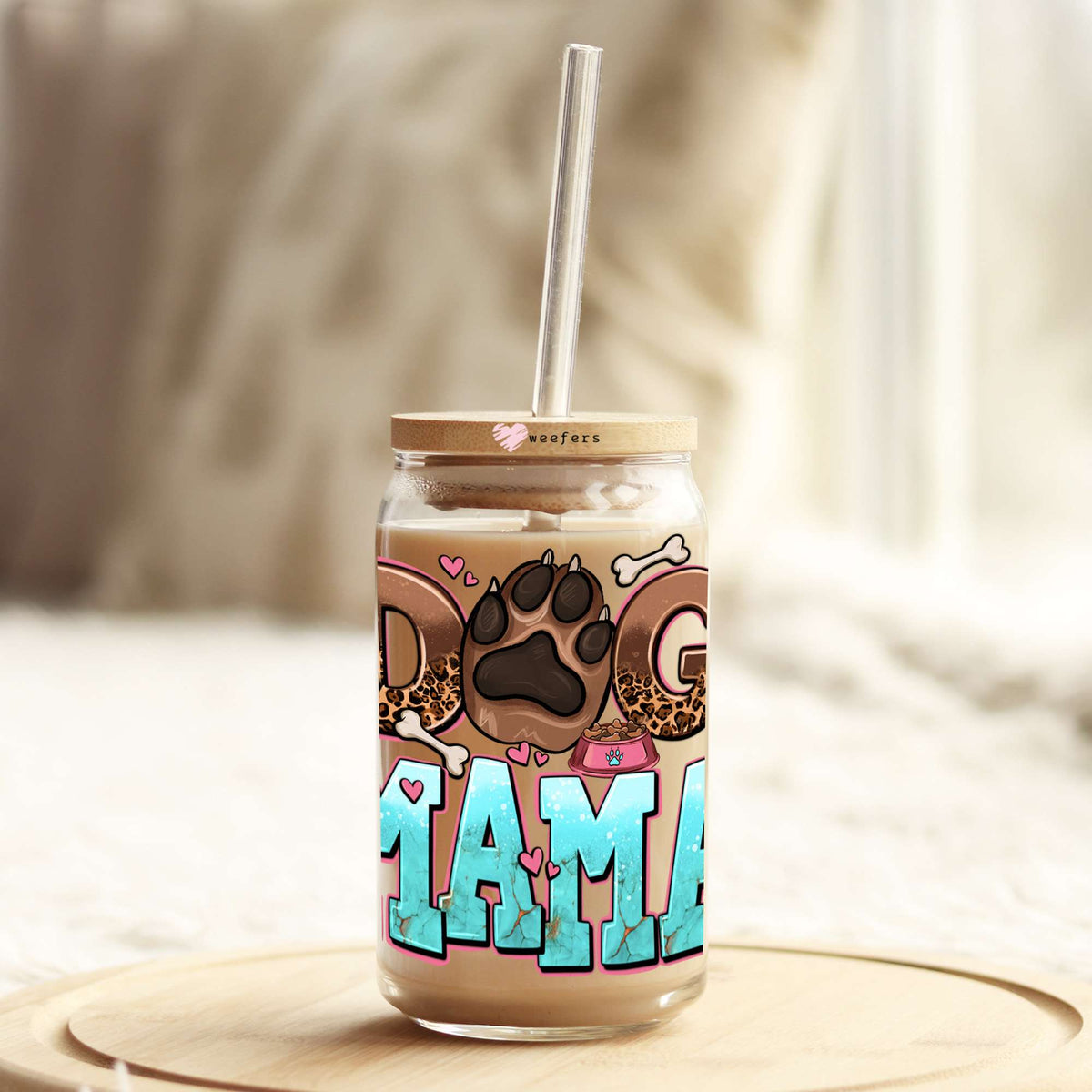 Dog Mama Teal 16oz Libbey Glass Can UV DTF or Sublimation Cup Wrap - Decal Transfer Weefers