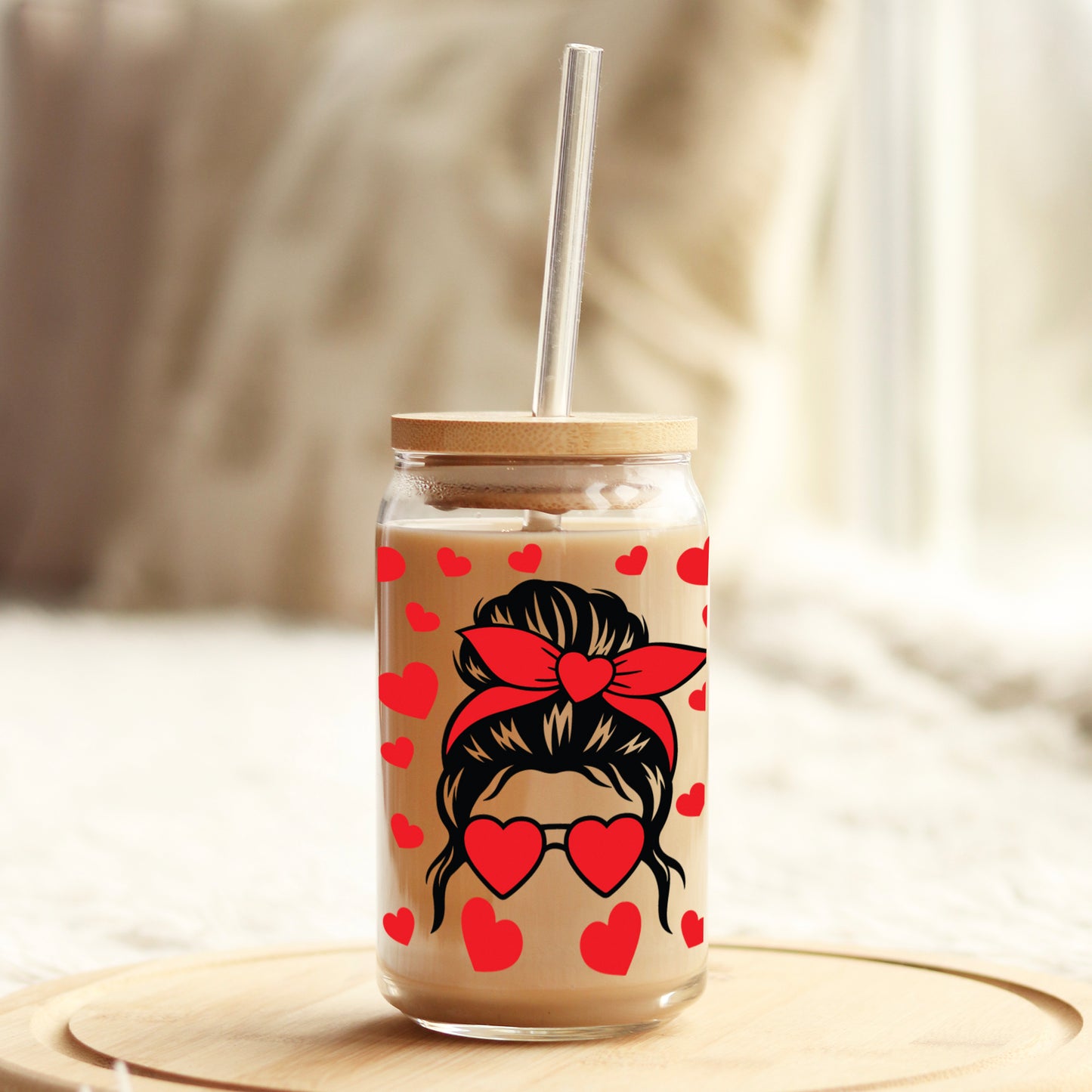 Love Love Messy Bun Valentine's Day 16oz Libbey Glass Can UV DTF or Sublimation Cup Wrap - Decal Transfer Weefers
