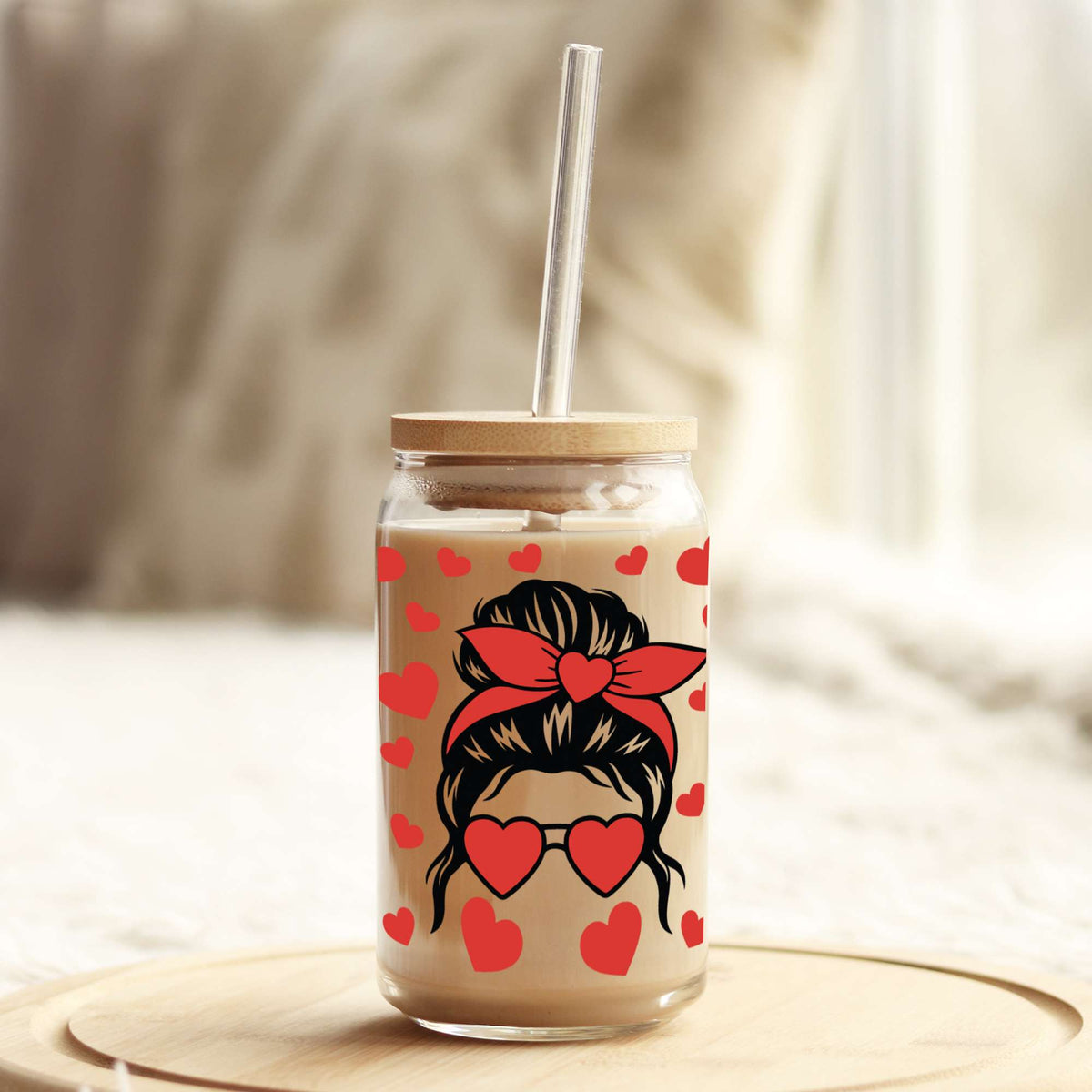 Love Love Messy Bun Valentine's Day 16oz Libbey Glass Can UV DTF or Sublimation Cup Wrap - Decal Transfer Weefers