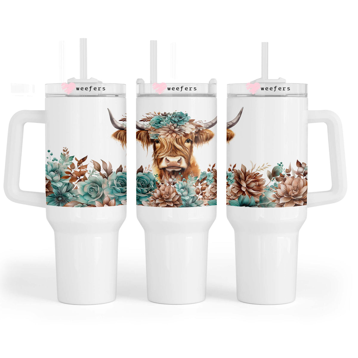 Teal Highland Cow 40oz Tumbler UV DTF or Sublimation Wrap - Decal Weefers