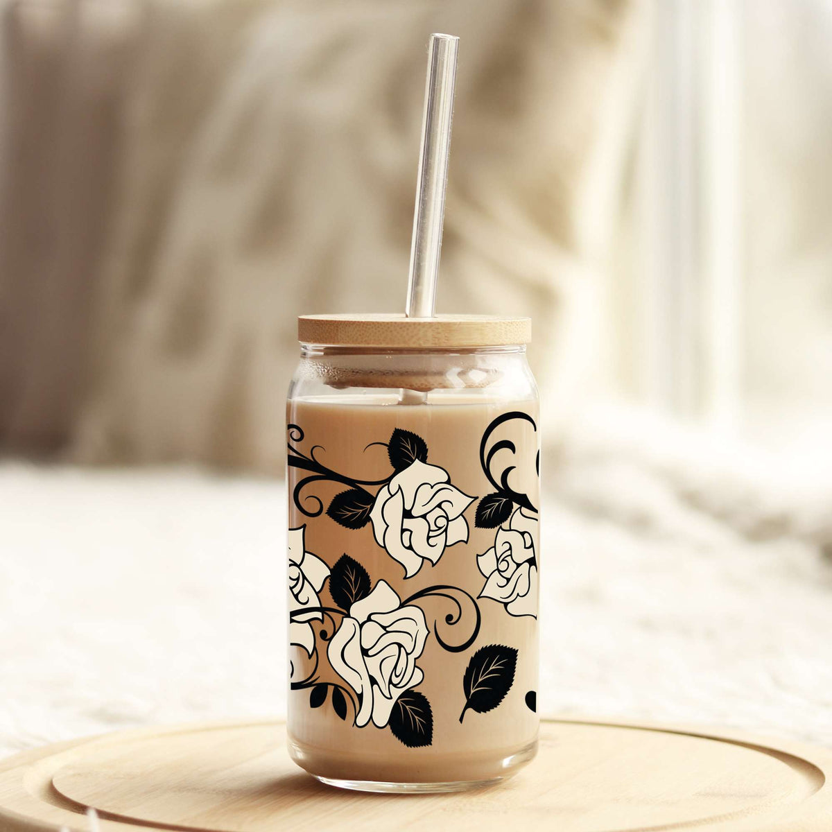 Black and Cream Roses 16oz Libbey Glass Can UV DTF or Sublimation Wrap - Decal Weefers