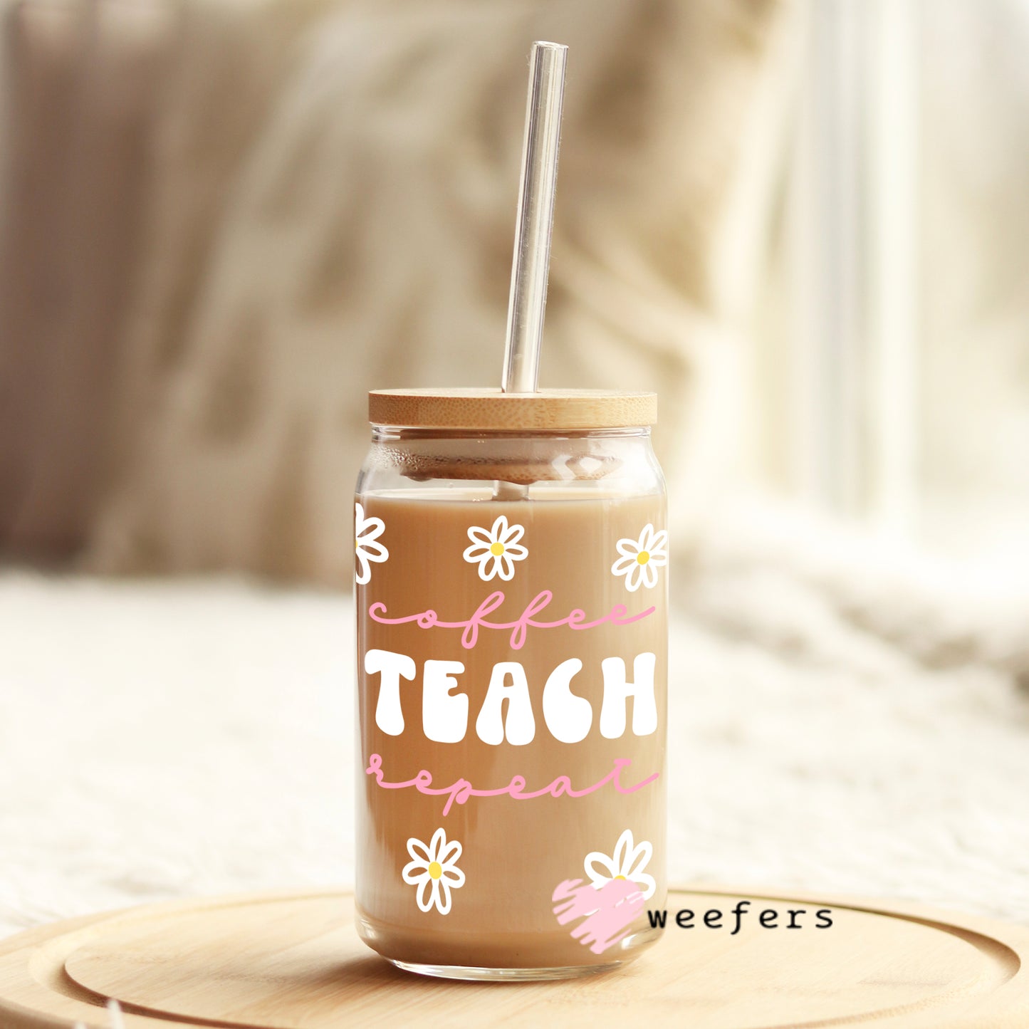 Coffee Teach Repeat Pink and White 16oz Libbey Glass Can UV DTF or Sublimation Wrap - Decal Weefers